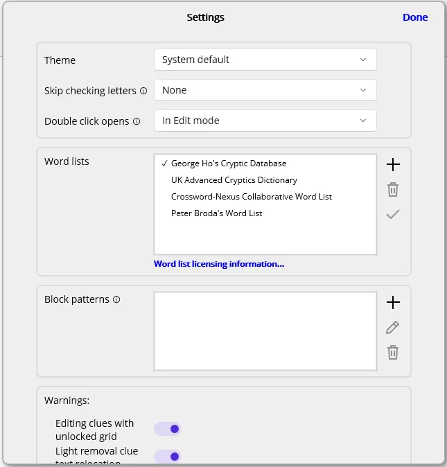 The application settings dialogue