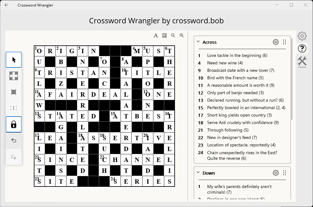 Screenshot of my crossword with clues filled in