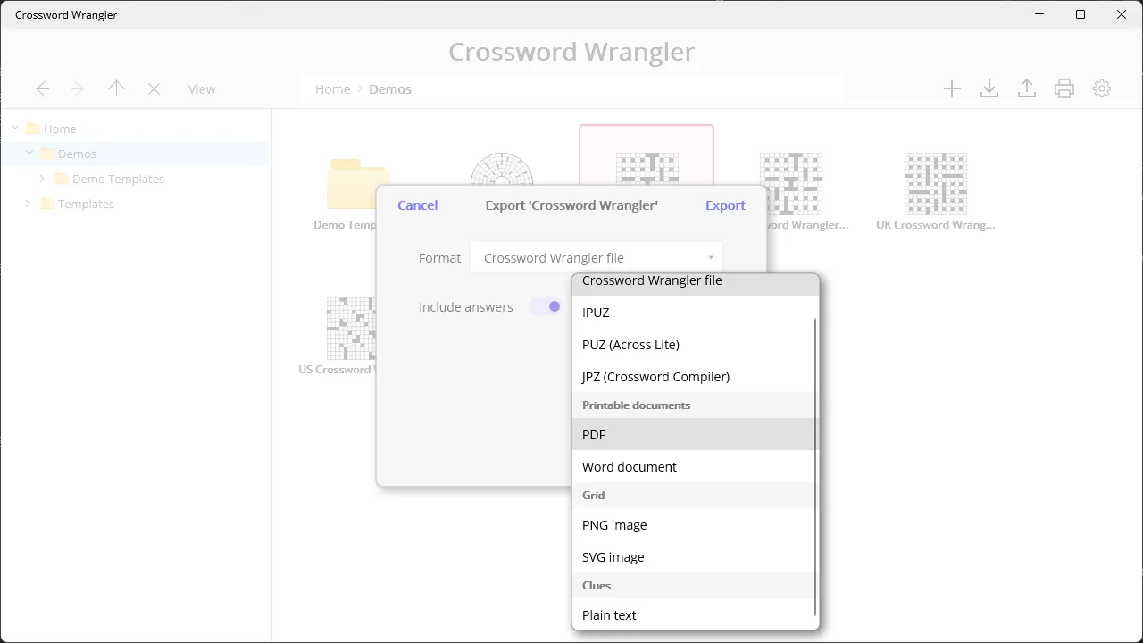 Export panel showing options for exporting the completed crossword
