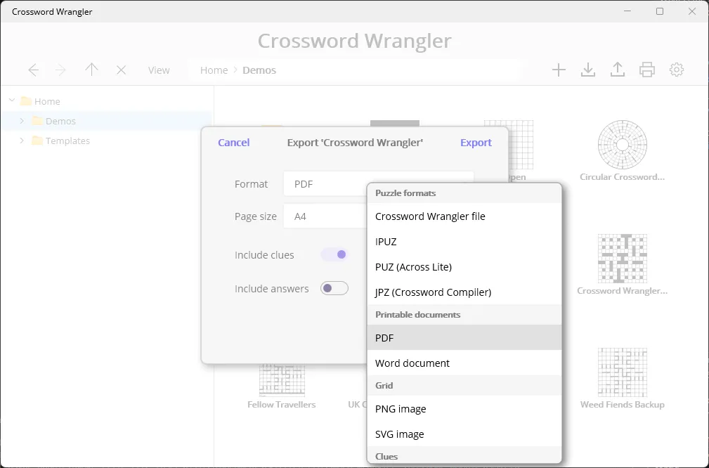 Export dialogue with Format menu showing