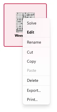 The Library Browser context menu for a crossword