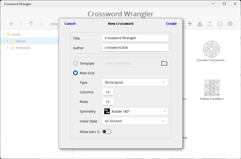 The New Crossword dialog with 13 rows, 13 columns and 180° symmetry selected