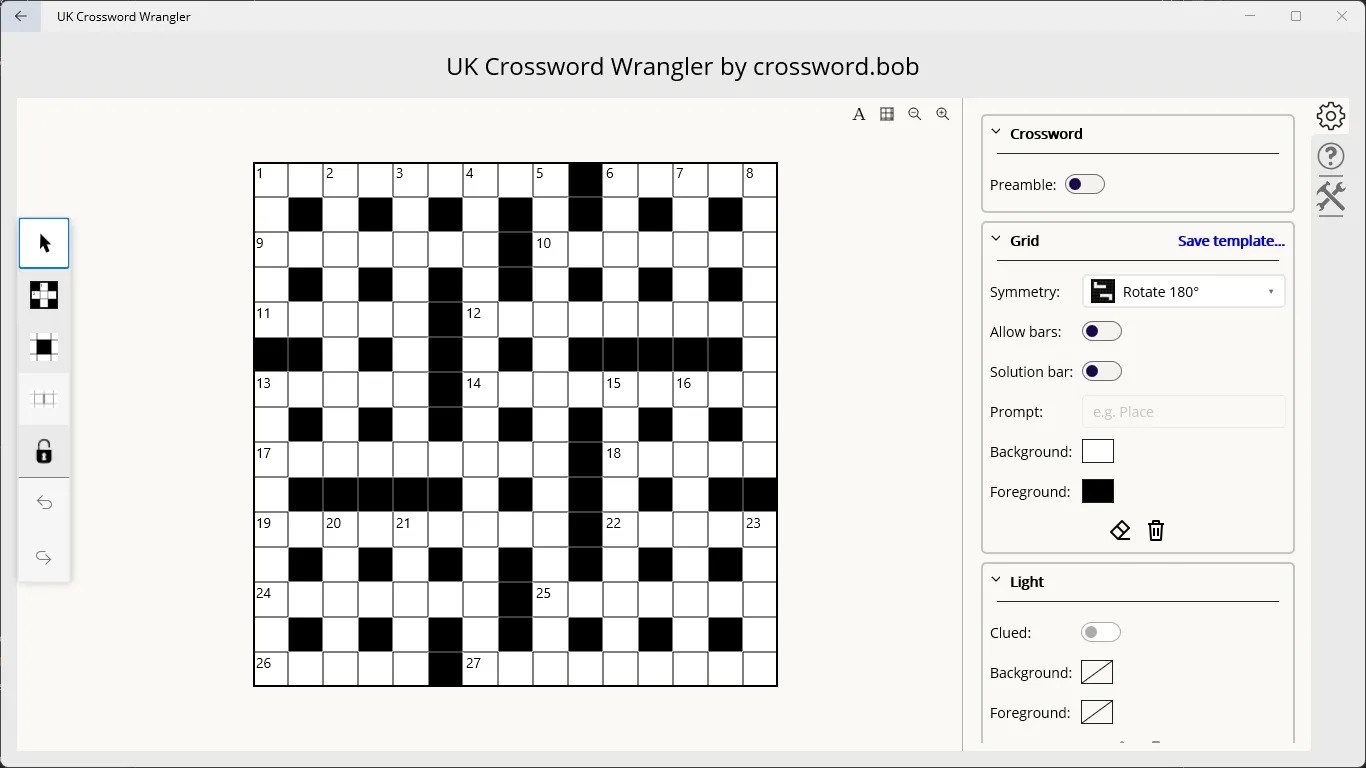 An unfilled UK-style crossword grid
